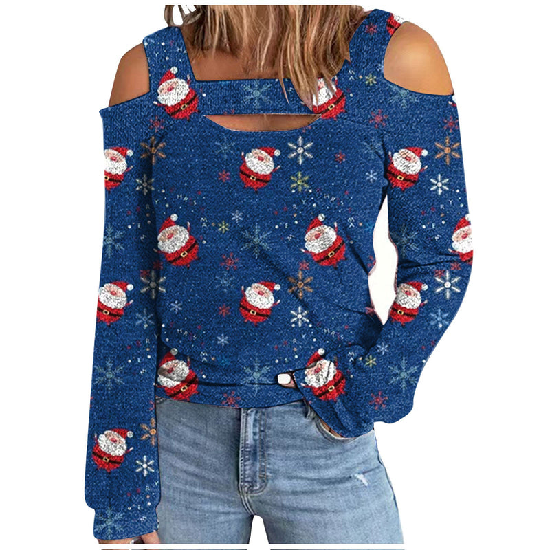 Long Sleeve Cut Out Printed Loose Christmas Blouse