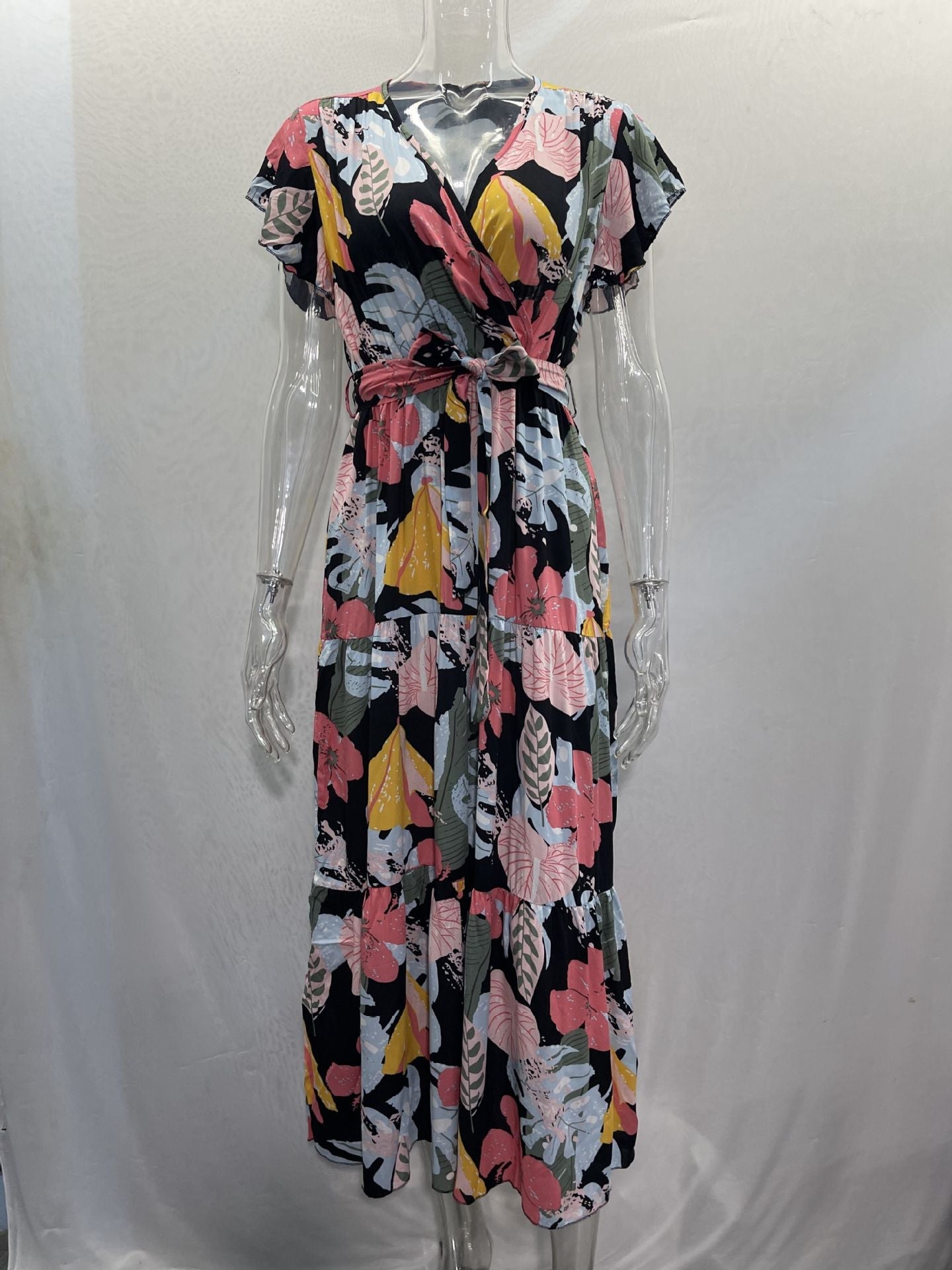 Floral Long Sleeve Cap Sleeve V Neck Maxi Dress