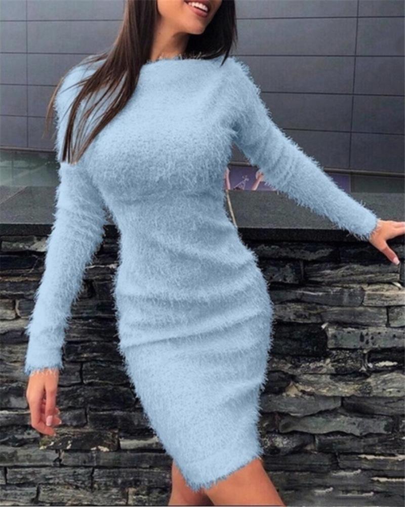 Long Sleeve Fluffy Bodycon Mini Sweater Dress