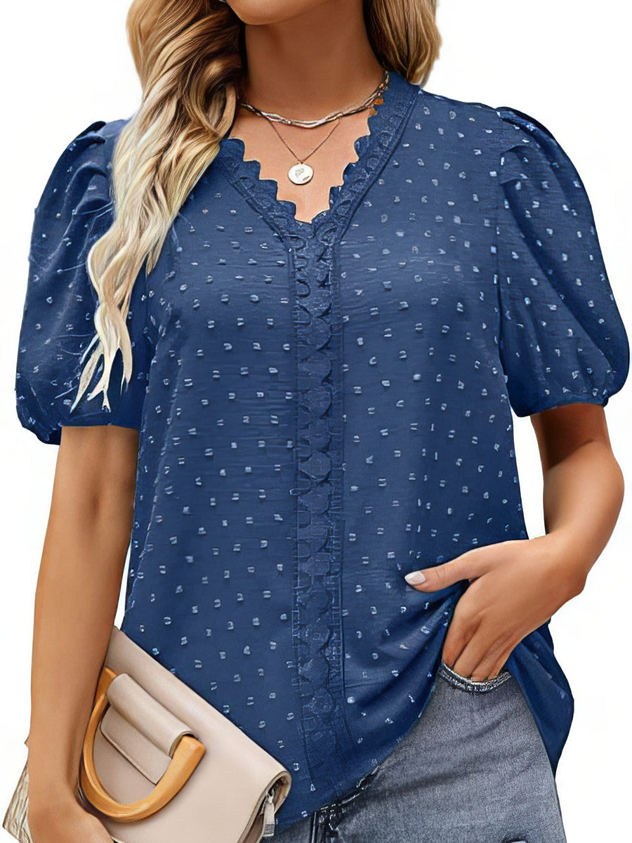 Women's T-Shirts Lace Bubble Short Sleeve V Neck T-Shirt