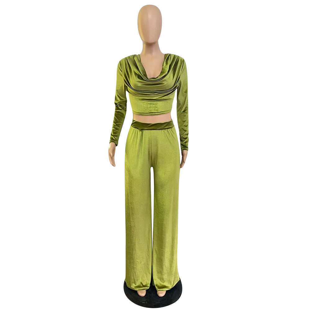 Two Piece Long Sleeve Backless Top and High Waist Wide Leg Pant Set