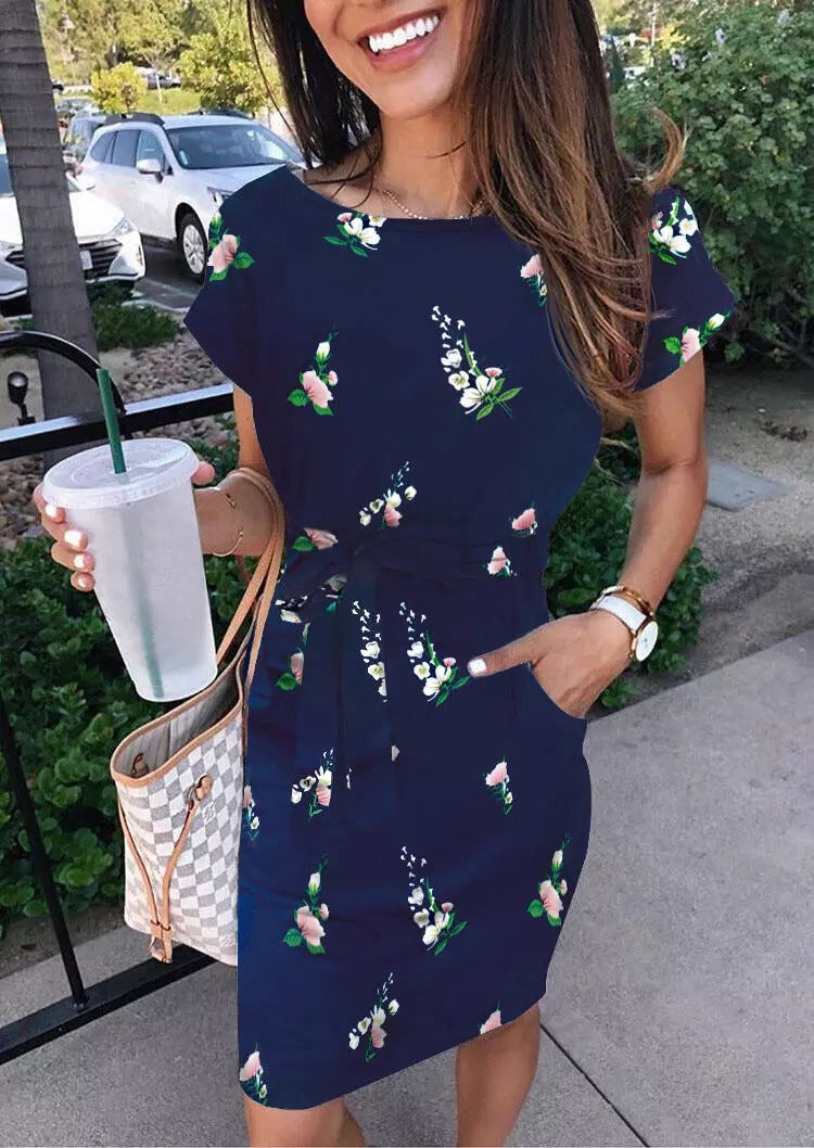 Wrap Front Floral Printed Short Sleeve Midi Dress