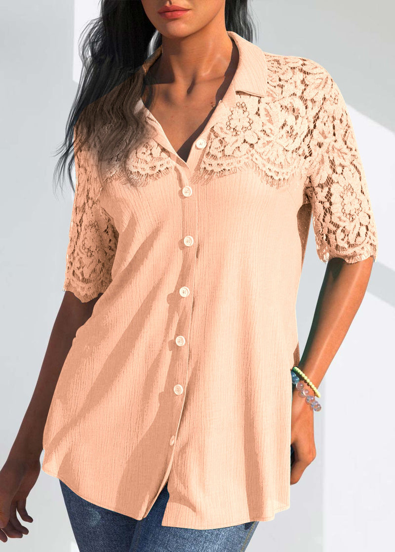 Button Down Short Sleeve Solid Color Loose Shirt Top