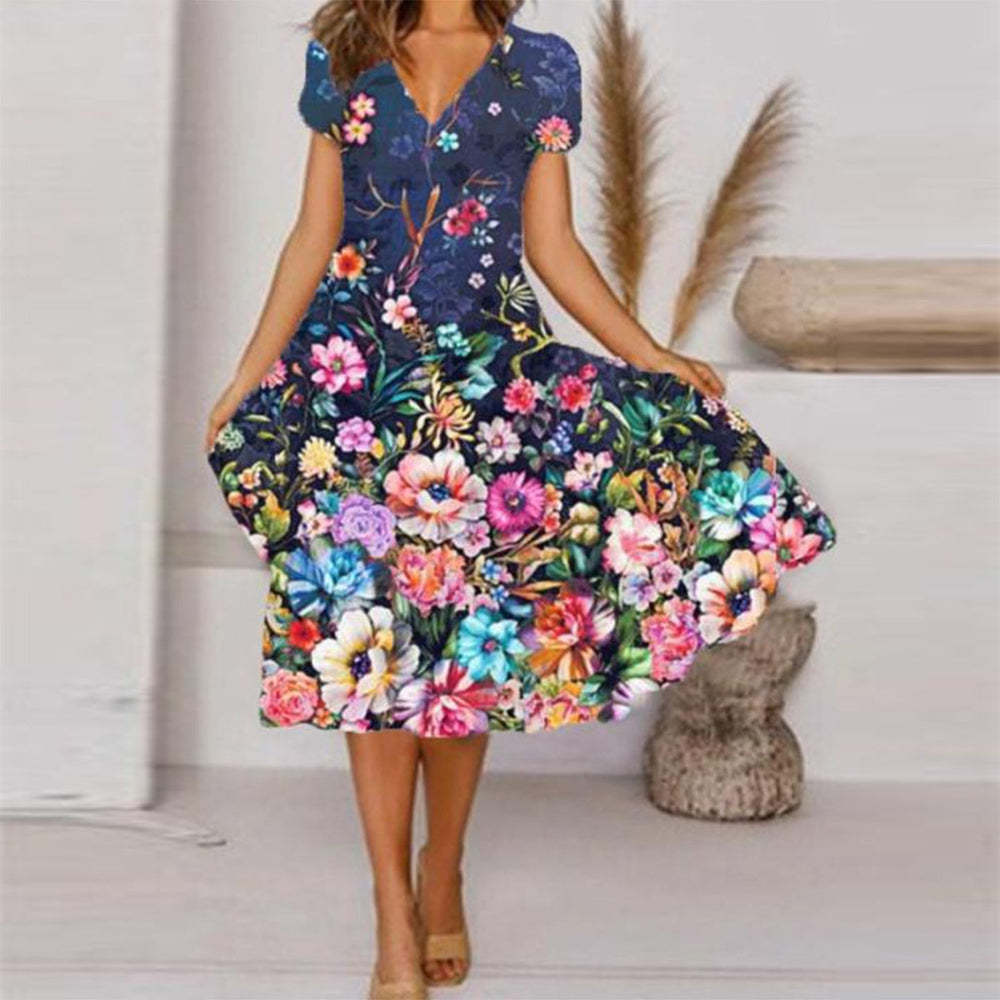 V-Neck Short Sleeve Floral Print Flared Midi Dress