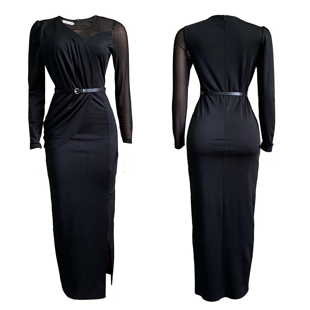 Elegant Long Sleeve Round Neck Slim Fit Side Split Maxi Dress