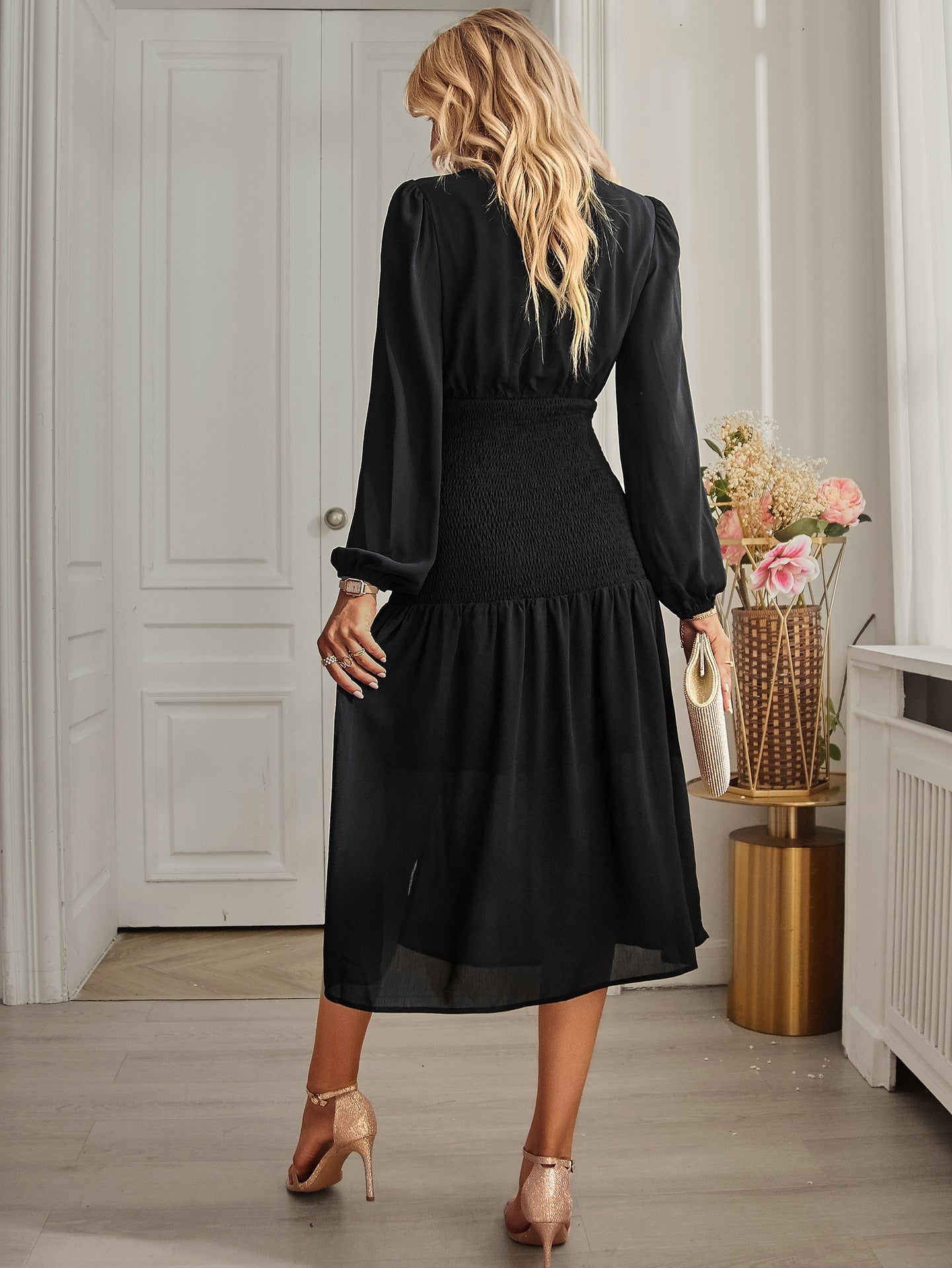 Elegant O-Neck Long Sleeve Solid Split Midi Dress