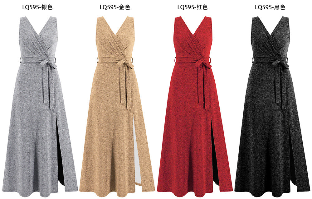 V-Neck Sleeveless Solid Color High Slit Belted Maxi Dress