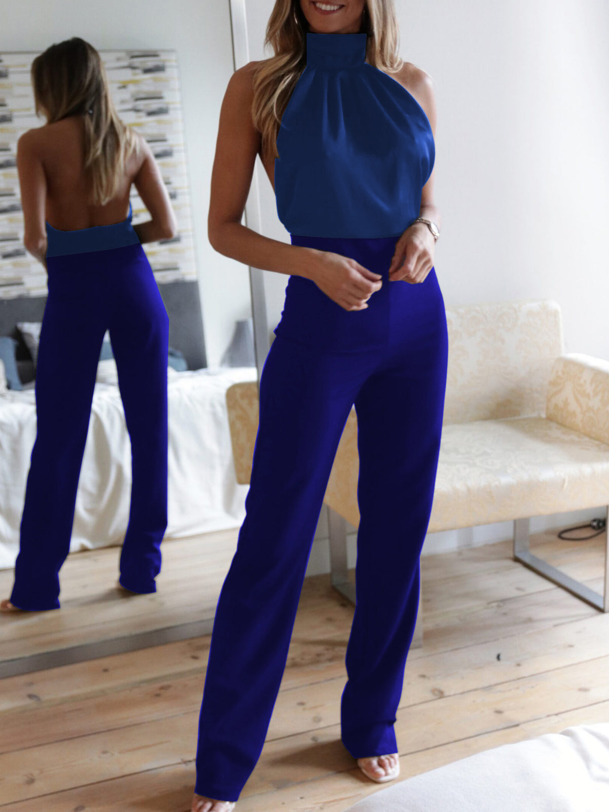 Fashion Sleeveless Halter Neck Backless Solid Jumpsuit