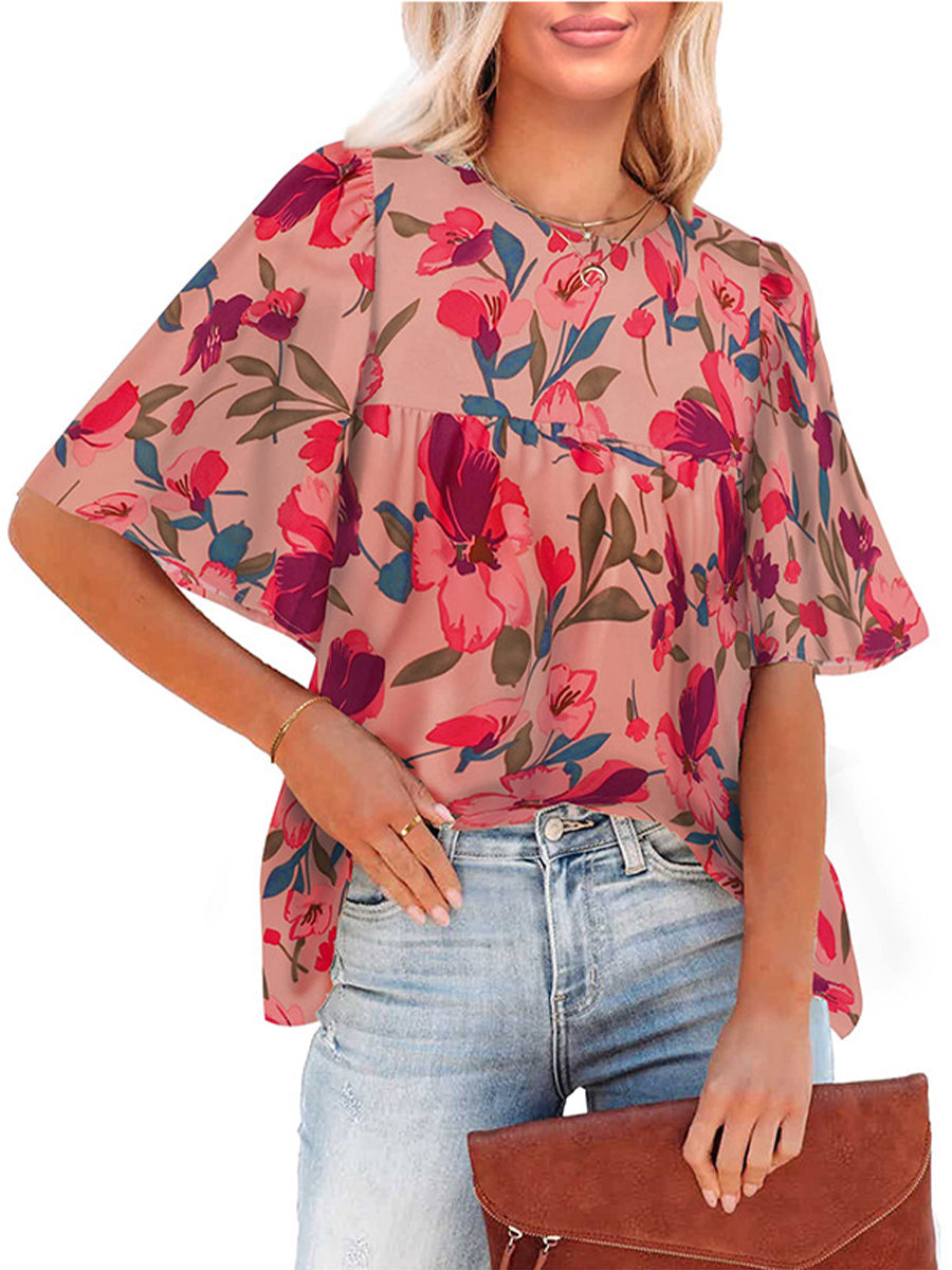Women's T-Shirts Fashion Casual Floral Print Loose Short Sleeve T-Shirt