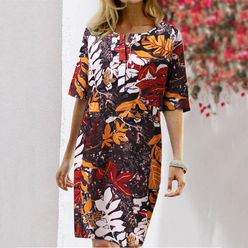 Casual Round Neck Floral Short Sleeve Midi Dress
