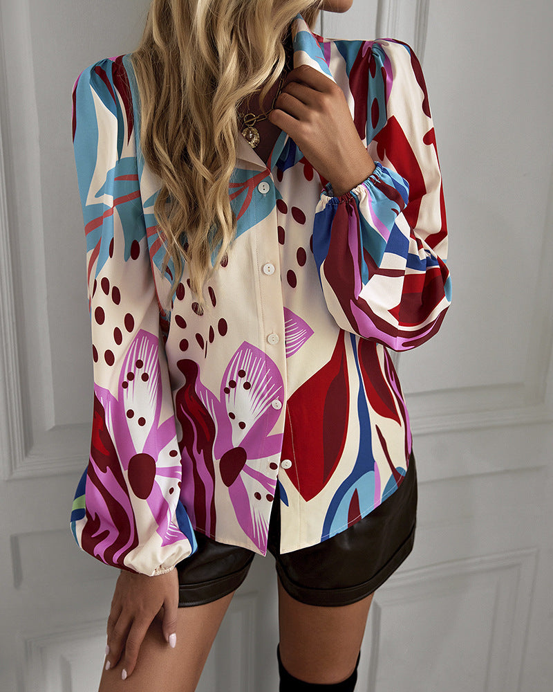 Turn Down Collar Button Long Sleeve Printed Blouse