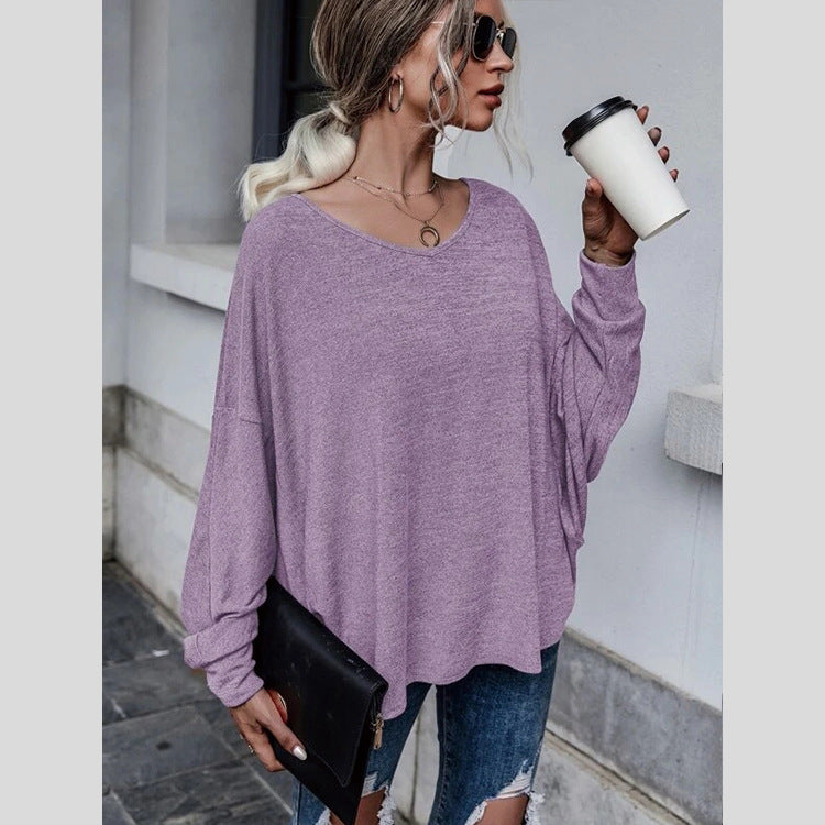 Fashion Round Neck Long Sleeve Solid Loose Blouse