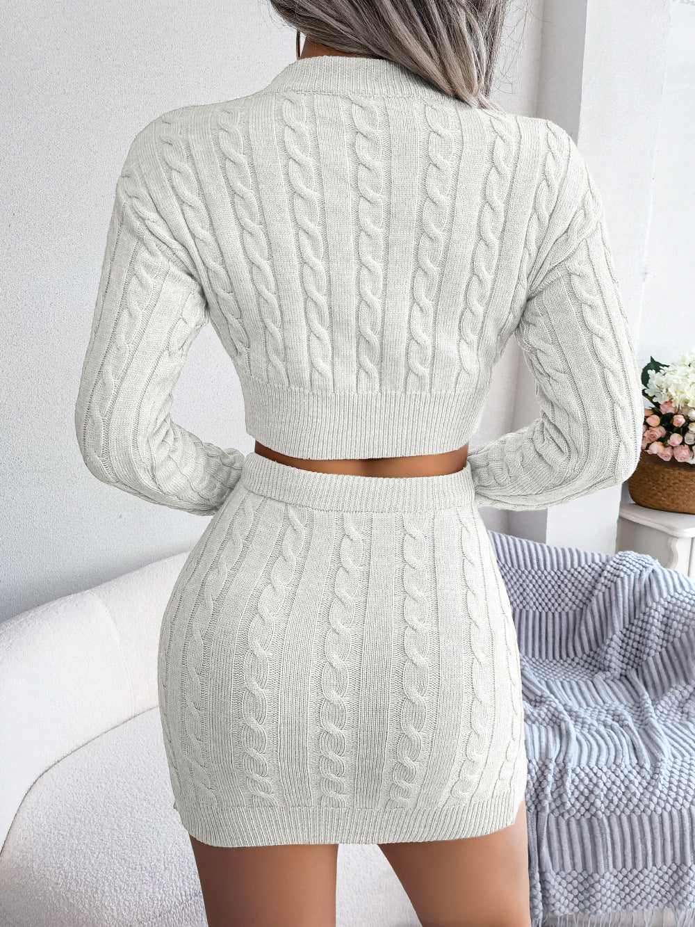 Two Piece Long Sleeve O-Neck Knitted Crop Top and Mini Skirt Set