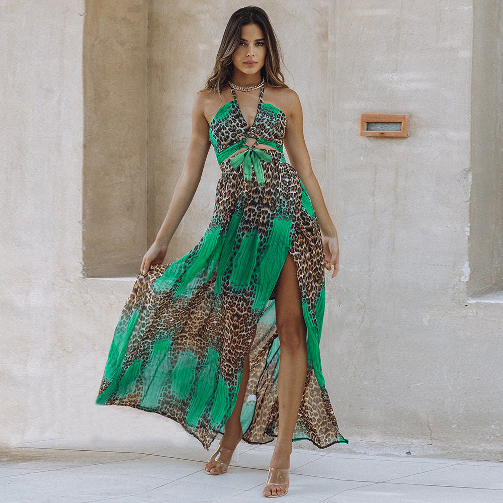 Fashion Tie Shoulder Side Slit Leopard Print Maxi Dress