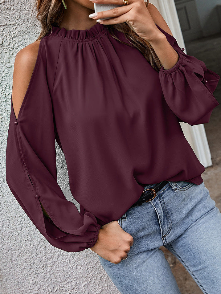 Fashion O-Neck Cut Out Sleeve Solid Color Blouse