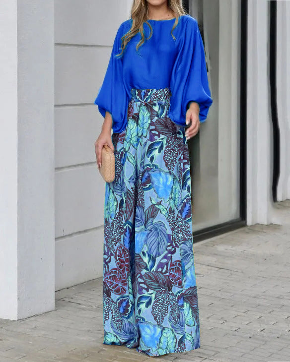 Two Piece O-Neck Solid Top and Loose Wide Printed Pant Set