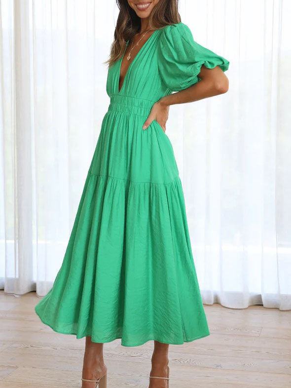 Deep V-Neck Short Sleeve Solid Color Maxi Dress