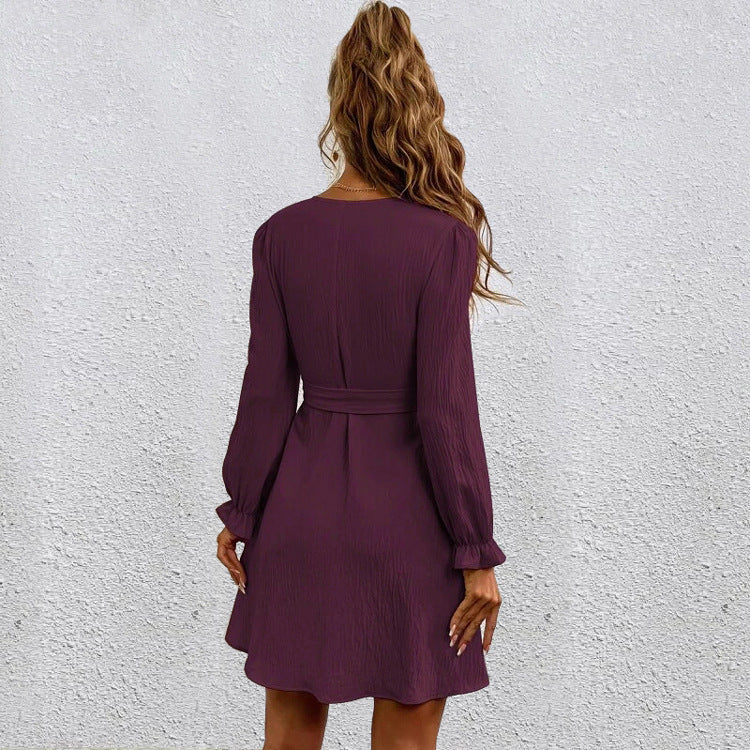 Casual V-Neck Long Sleeve Belted Flared Mini Dress