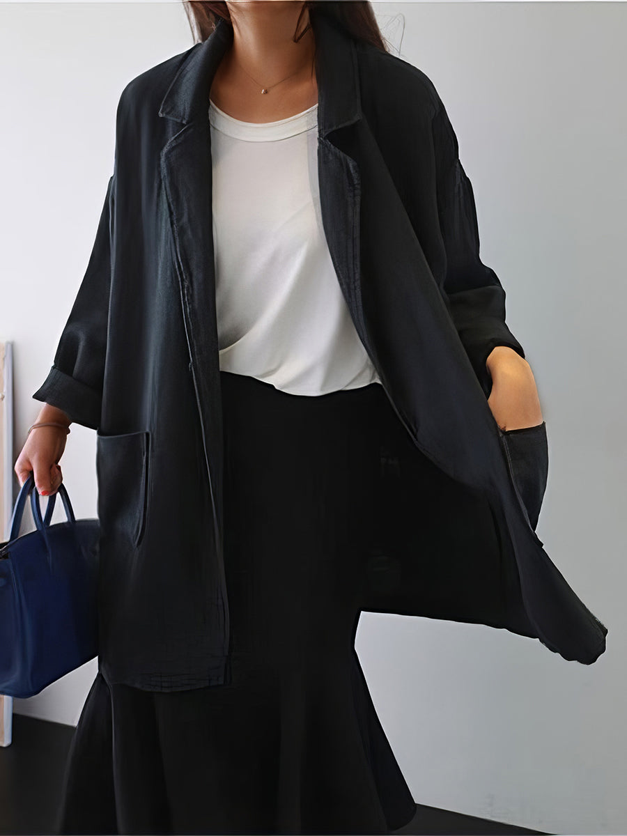 Women's Coats Literary Style Lapel Loose Solid Color Mid Length Coat