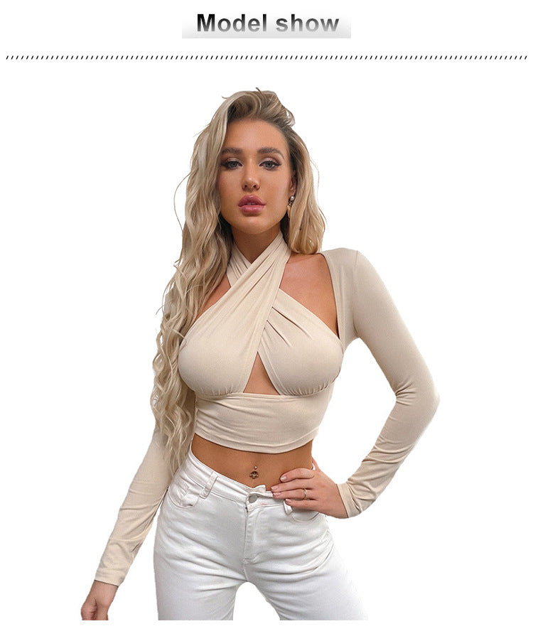 Cut Out Long Sleeve Cross Turtleneck Bodycon Solid Crop Top