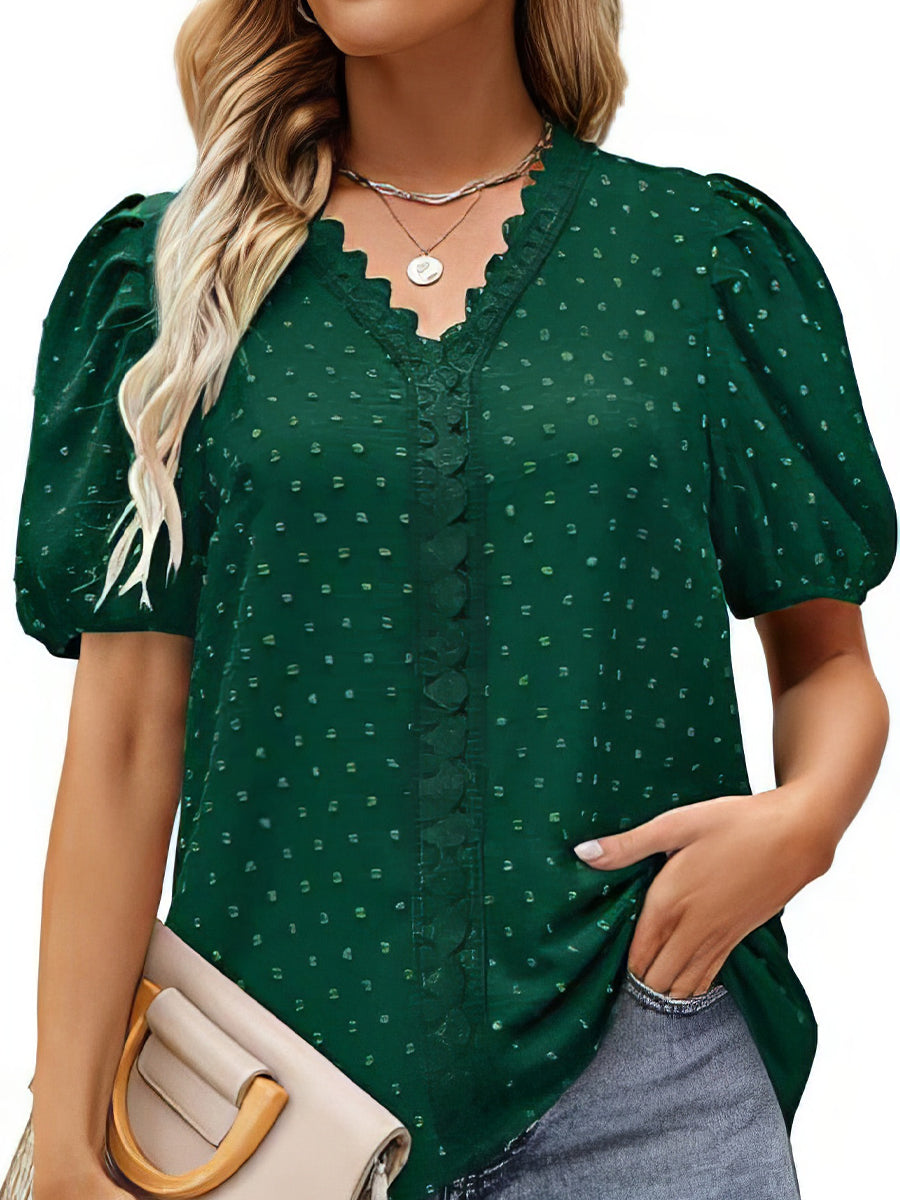 Women's T-Shirts Lace Bubble Short Sleeve V Neck T-Shirt