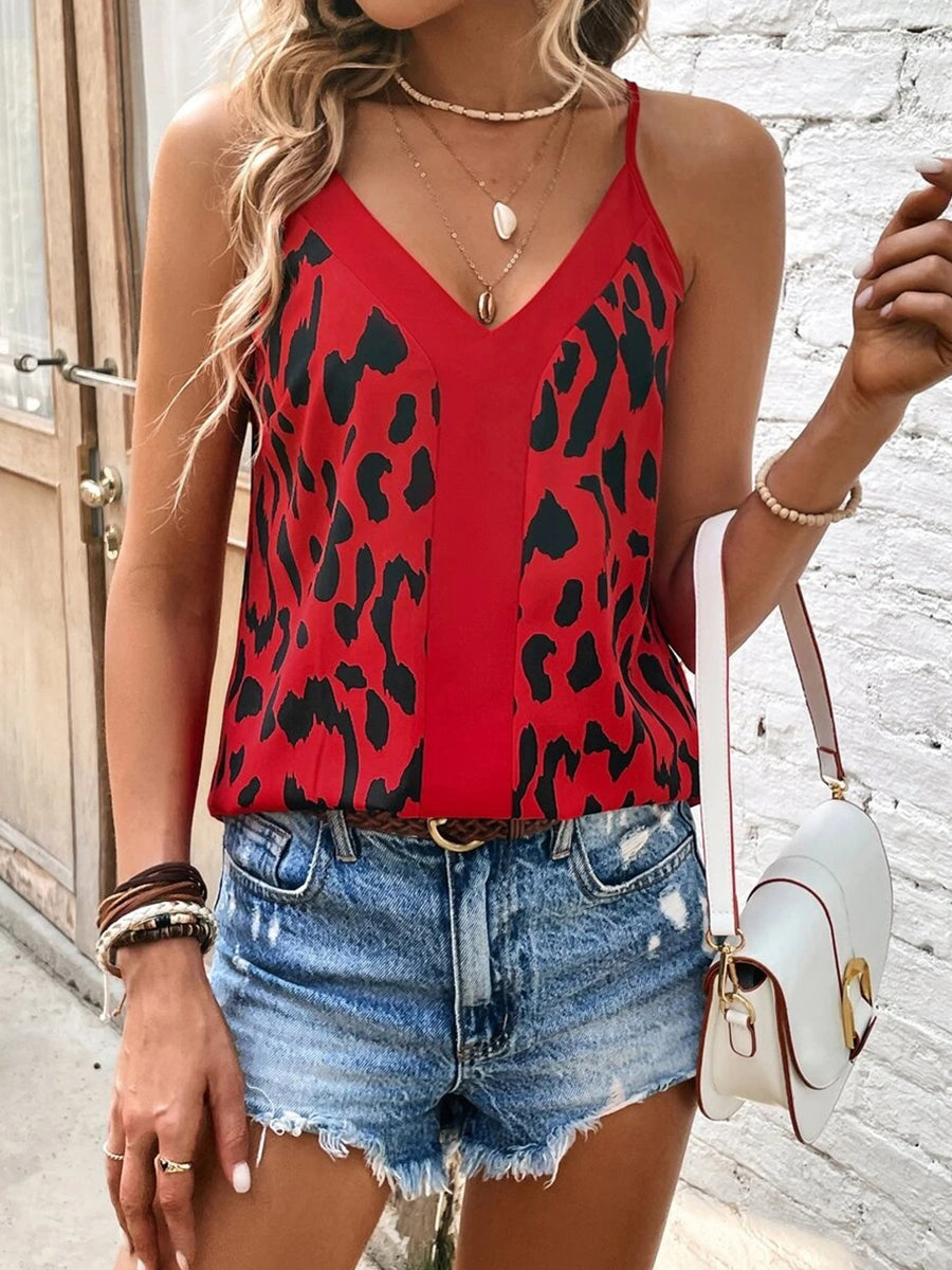 Tops V Neck Leopard Stitching Solid Color Loose Tank Top