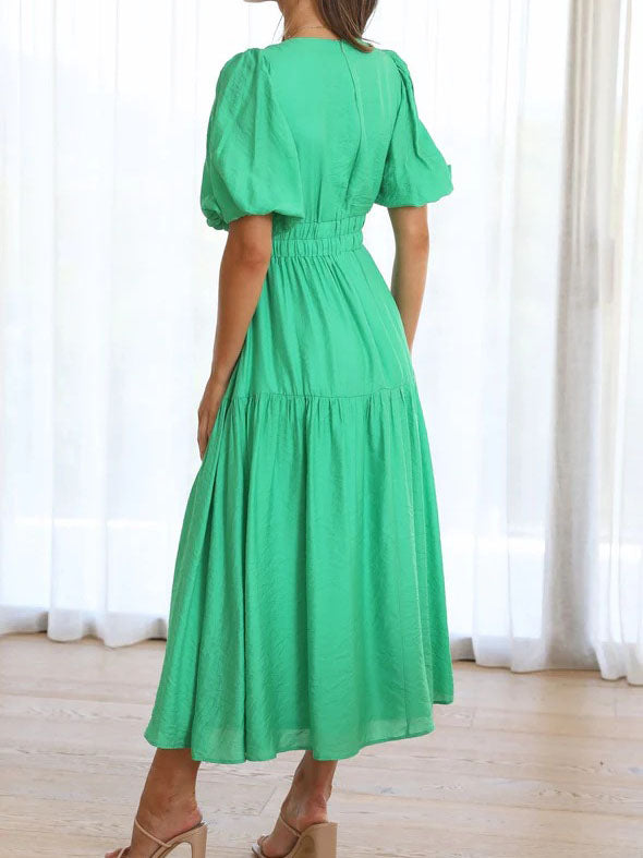 Deep V-Neck Short Sleeve Solid Color Maxi Dress