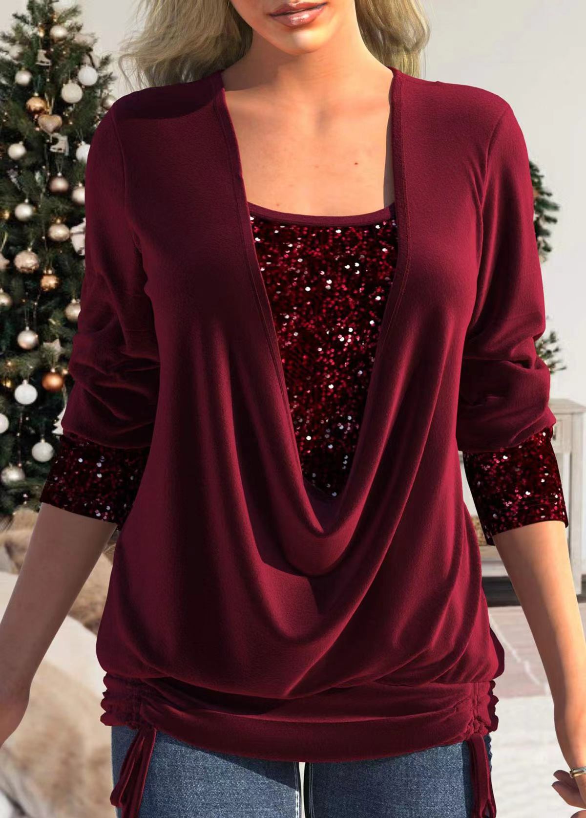 Solid Color 3/4 Sleeve Doubled Pleated Top Blouse