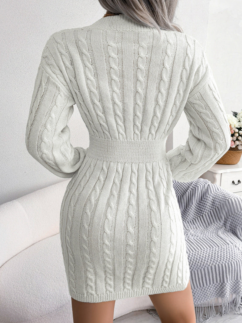 Long Sleeve V-Neck Knitted Solid Mini Dress
