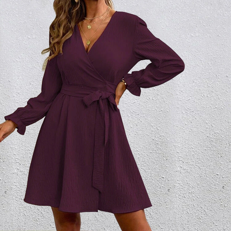 Casual V-Neck Long Sleeve Belted Flared Mini Dress