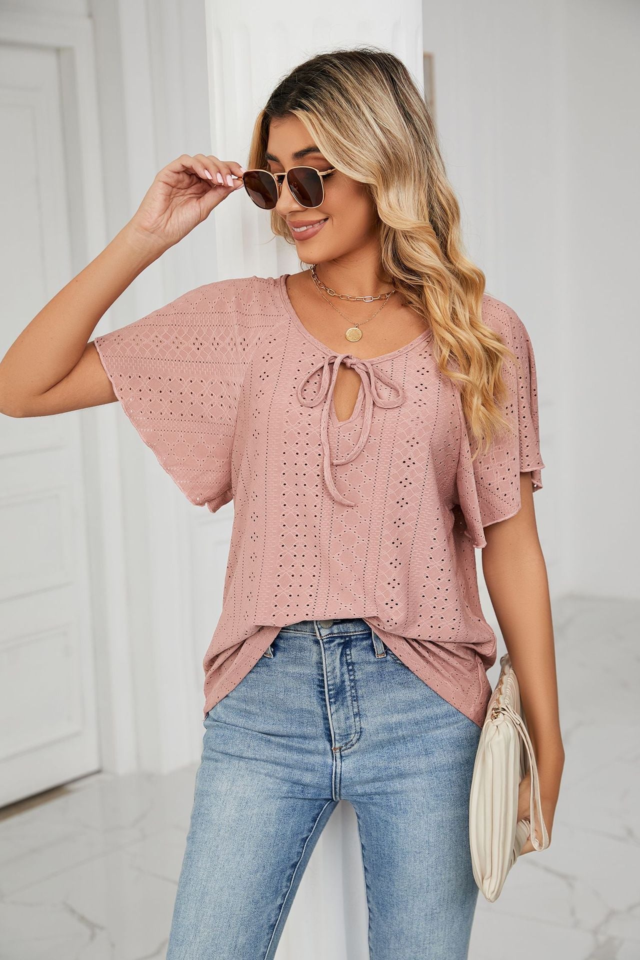 Round Neck Short Sleeve Solid Color Loose Top