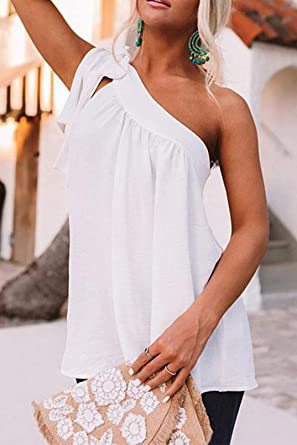 Casual Loose One Shoulder Sleeveless Solid Top Blouse