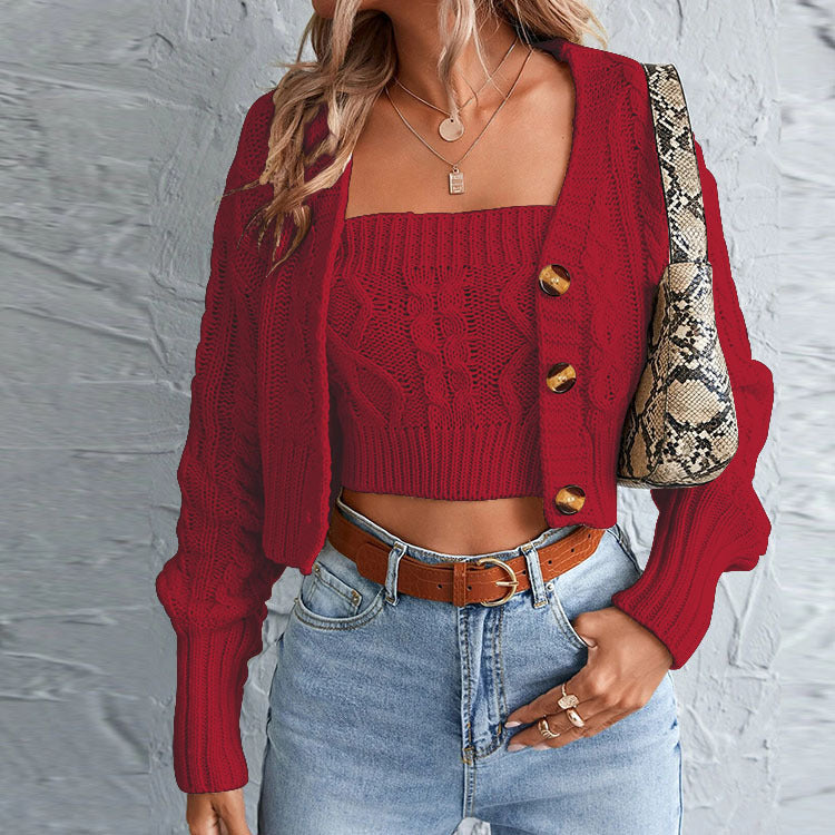 Cropped Button Down Cardigan Top and Vest Co Ord Set