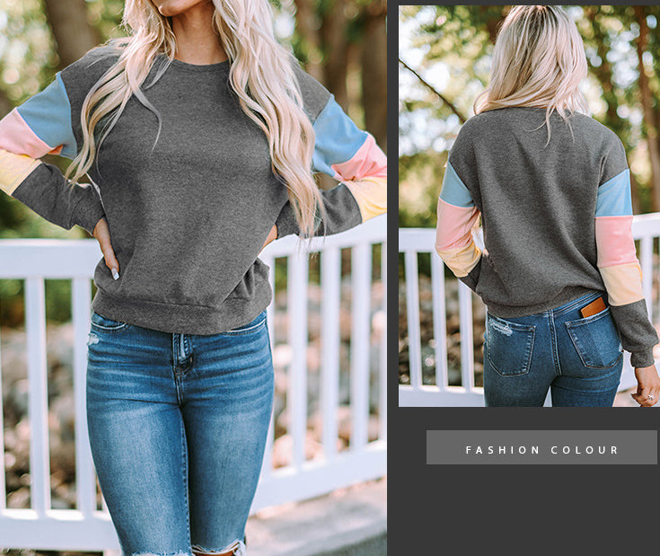 Color Block Round Neck Long Sleeve Pullover