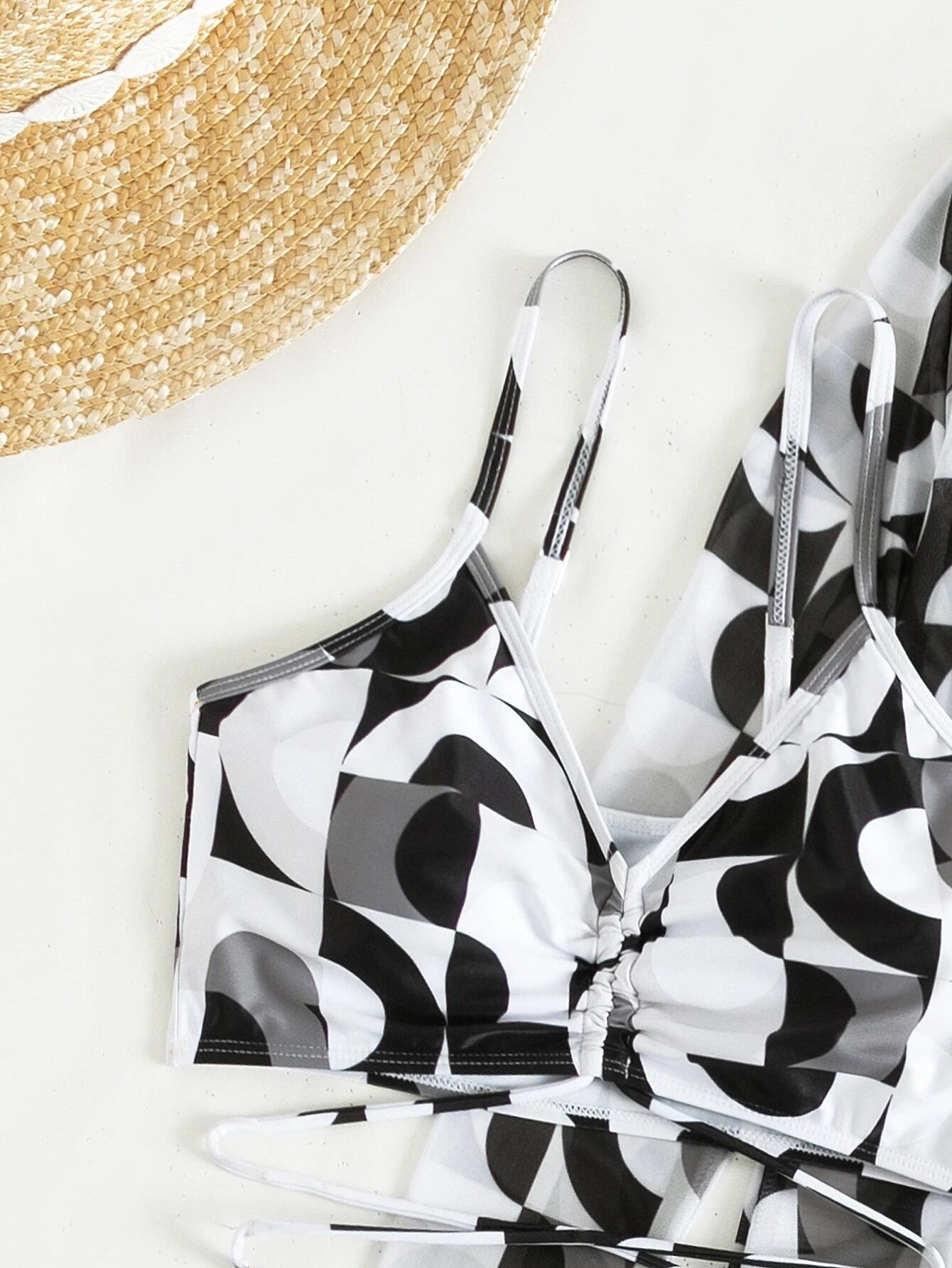 Three Piece Drawstring Printed Bikini High Waisted Short and Long Sleeve Cover Up Swimwear Set