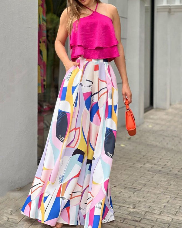 Two Piece Sleeveless Halter Neck Solid Top and Pocketed Printed Maxi Skirt