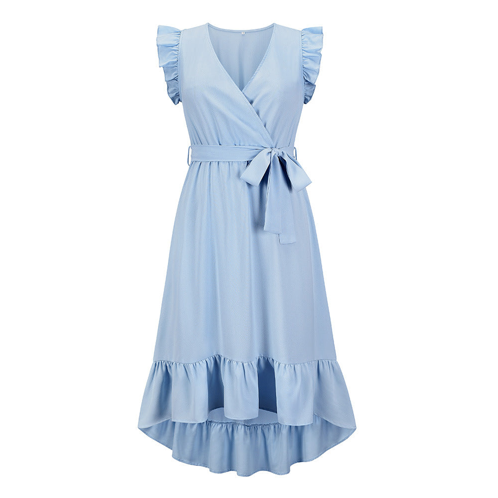 Casual Ruffle Sleeve V Neck Side Wrap Maxi Dress