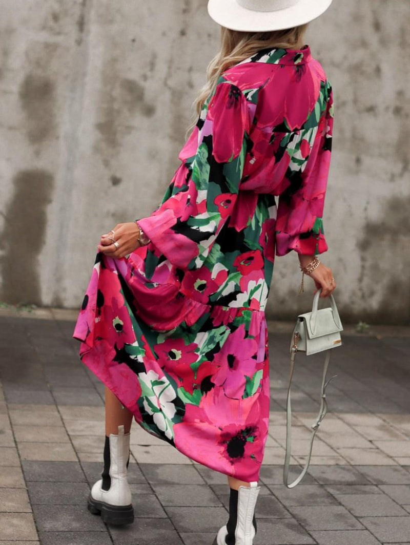 Floral Print V-Neck Long Sleeve Button Down Loose Midi Dress
