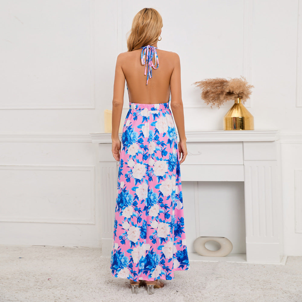 Sleeveless Backless Floral Print High Split Maxi Dress