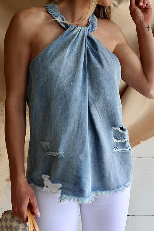 Ripped Raw Edge Halter Neck Top