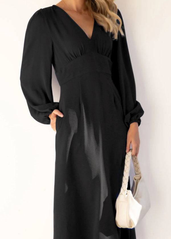 Elegant Long Sleeve V-Neck Solid Maxi Dress