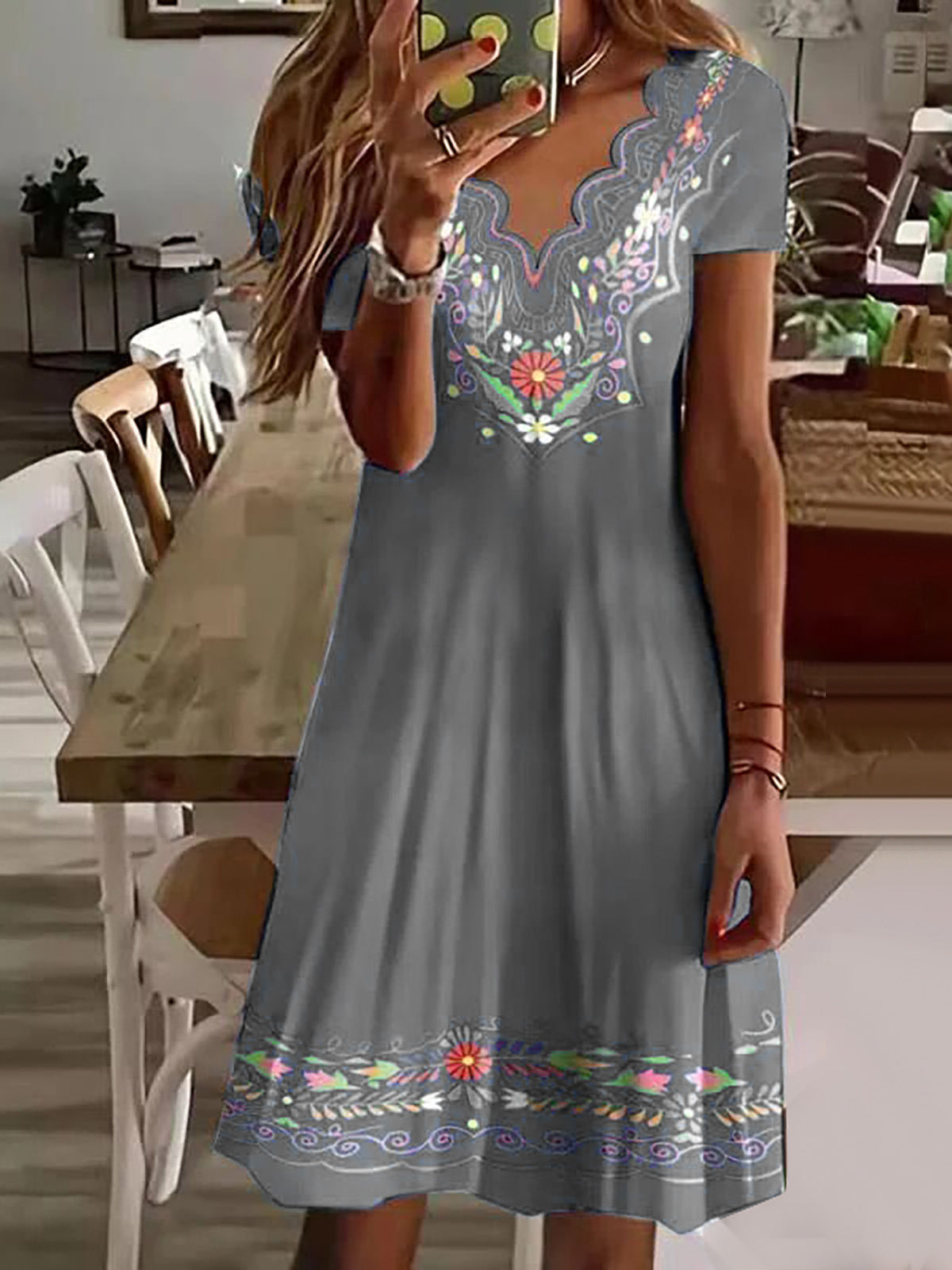 Short Sleeve V-Neck Printed Loose Midi Dress