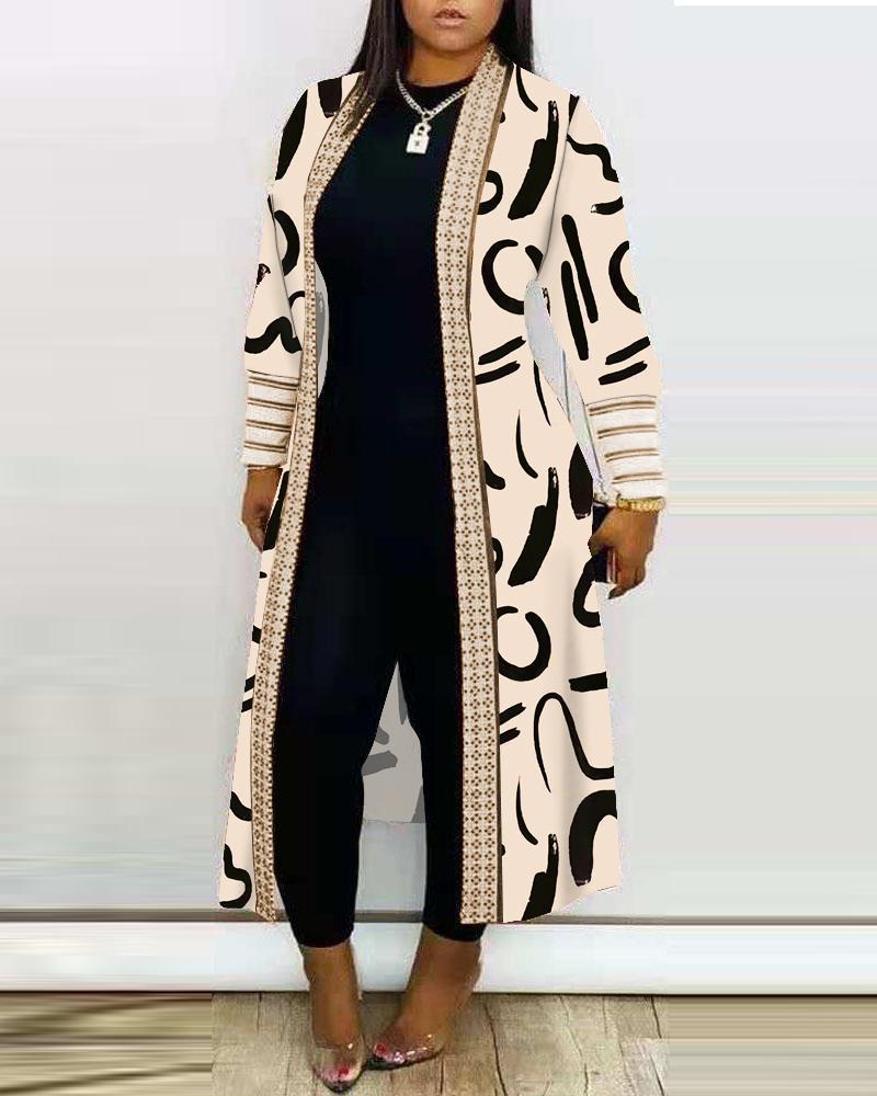 Casual Long Sleeve Open Front Printed Long Cardigan