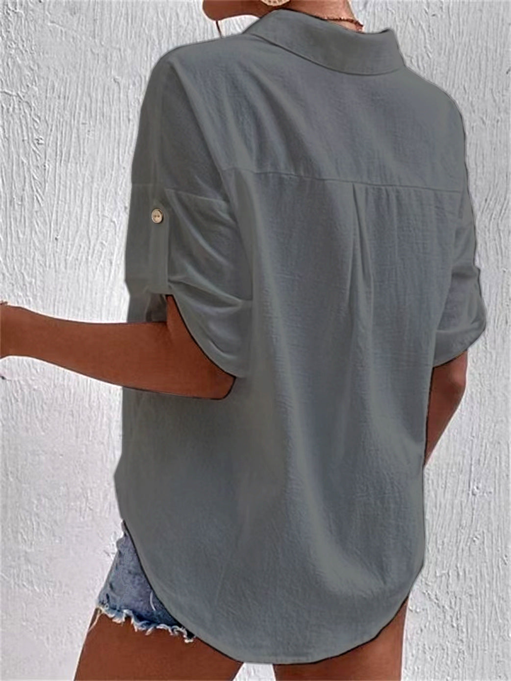 Short Sleeve Collar Buton Down Solid Shirt Top