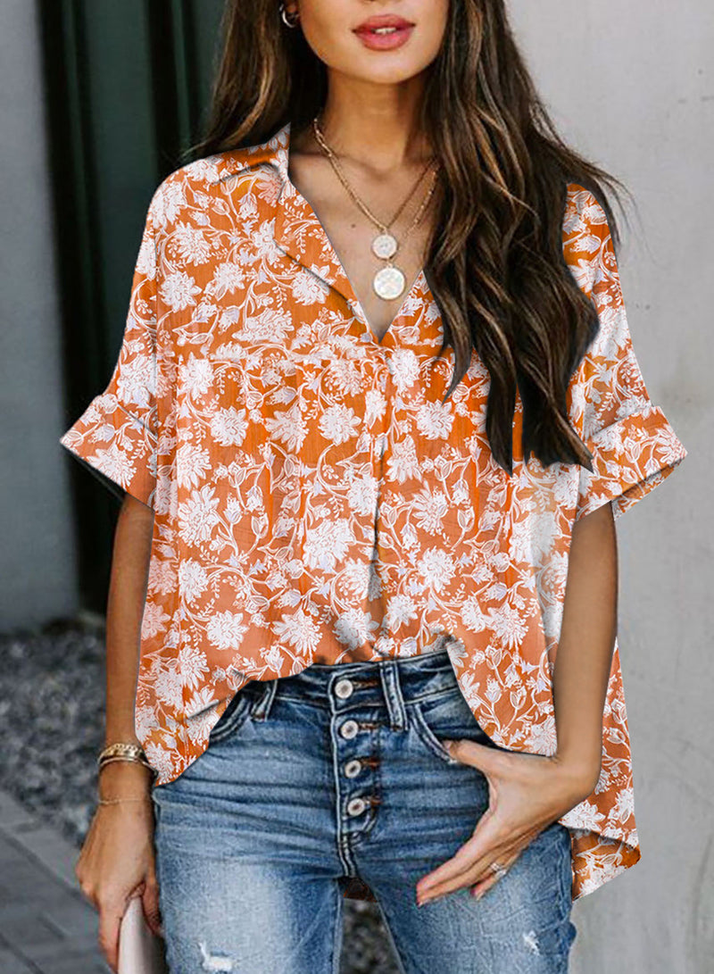 Casual Short Sleeve V Neck Blouse Loose Top