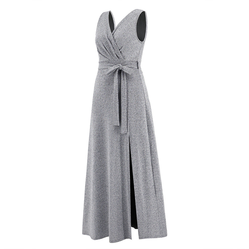 V-Neck Sleeveless Solid Color High Slit Belted Maxi Dress