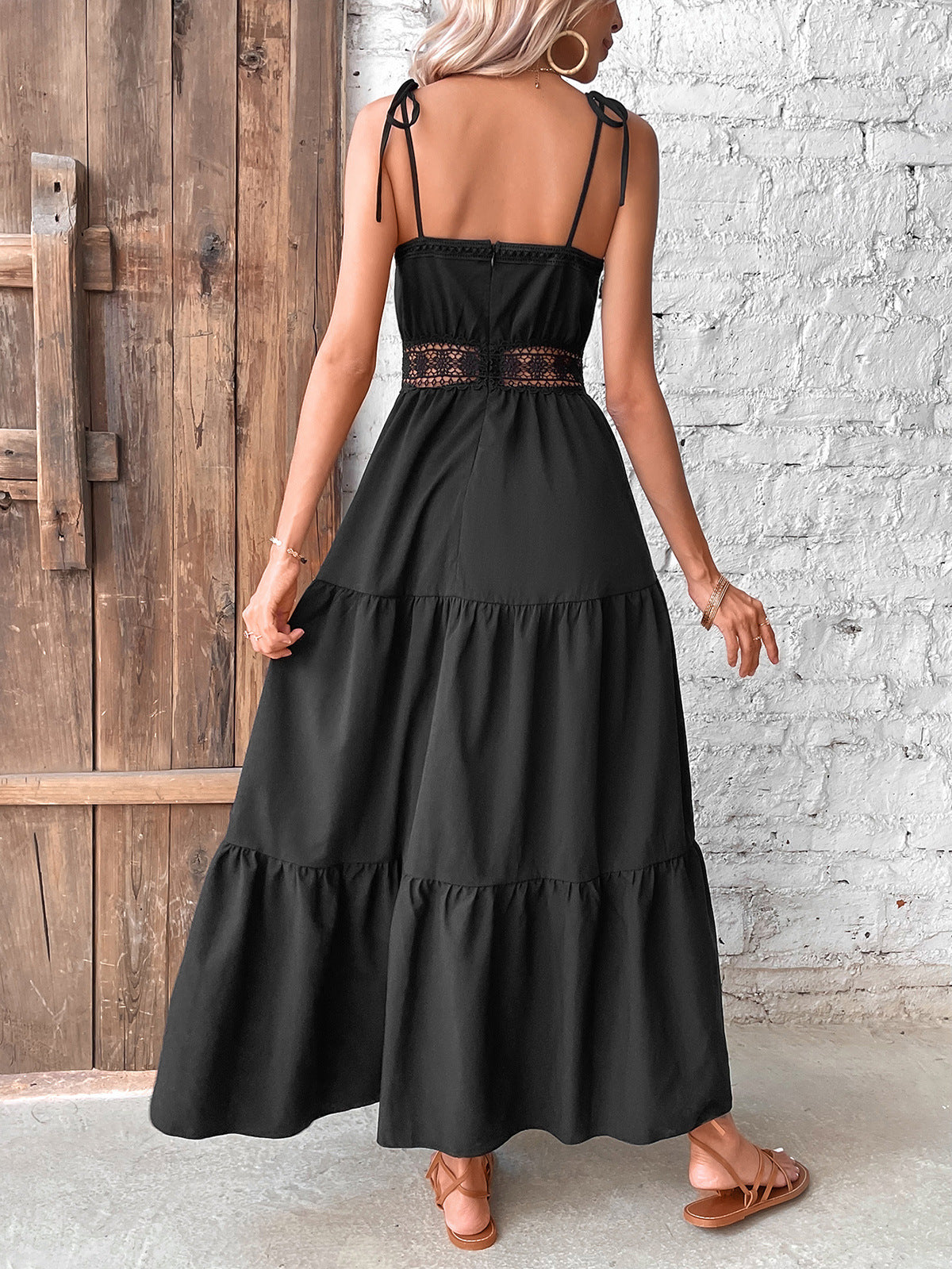 Sleeveless Strap Square Neck Solid Flared Maxi Dress