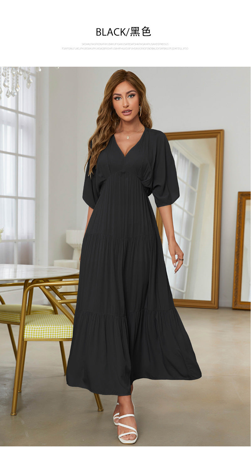 Elegant V-Neck Short Sleeve Solid Flared Maxi Dress