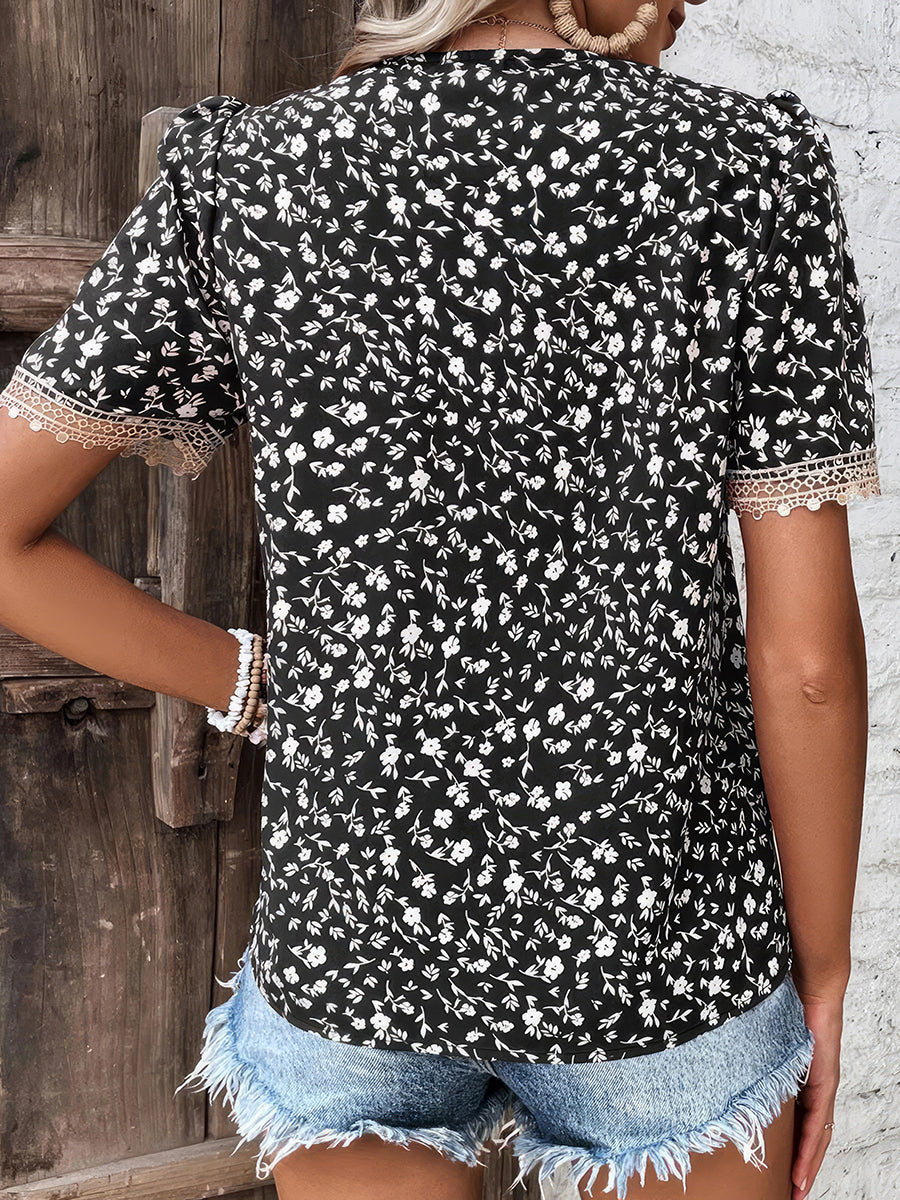 Women's T-Shirts Fashion Floral Print Lace Collar Short Sleeve T-Shirt