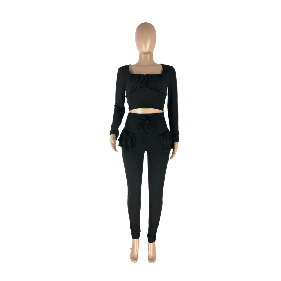 Two Piece Long Sleeve Tight Top and Ruffle High Waist Pant Set